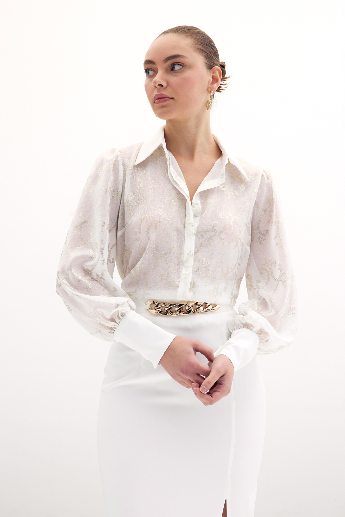 Geniş Manşetli Şifon Gömlek - Ekru