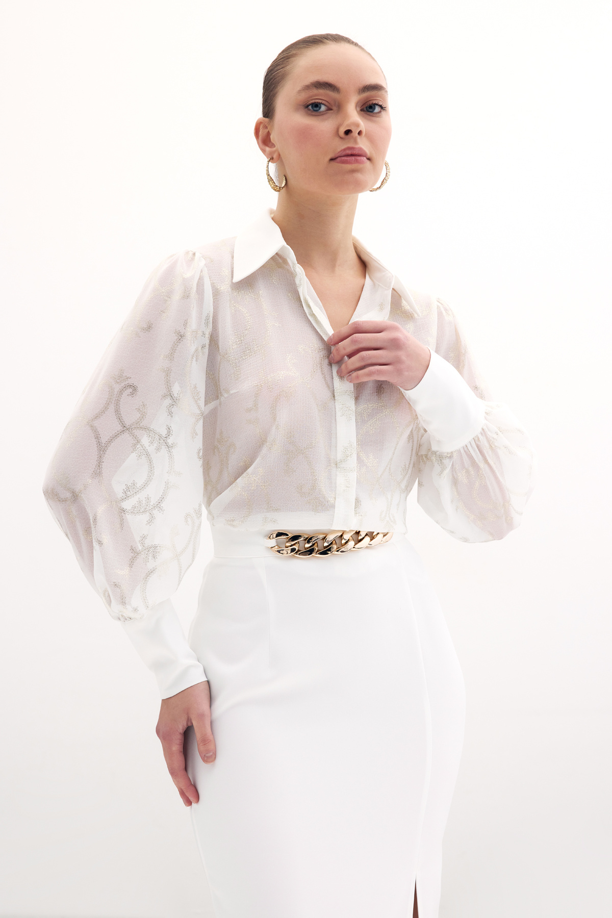 Geniş Manşetli Şifon Gömlek - Ekru