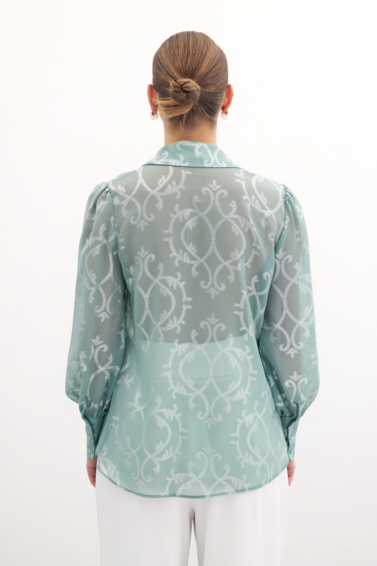 Geniş Manşetli Şifon Gömlek - Mint