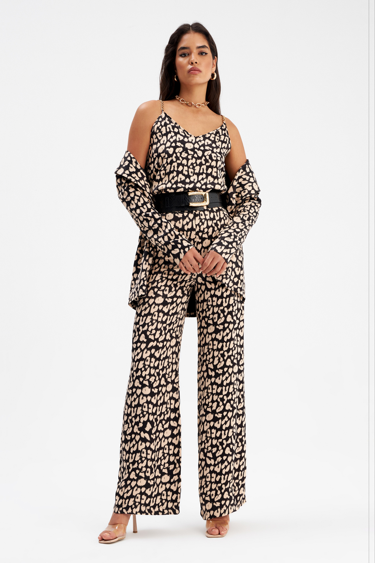 Geniş paça Leopar desenli saten pantolon - SİYAH