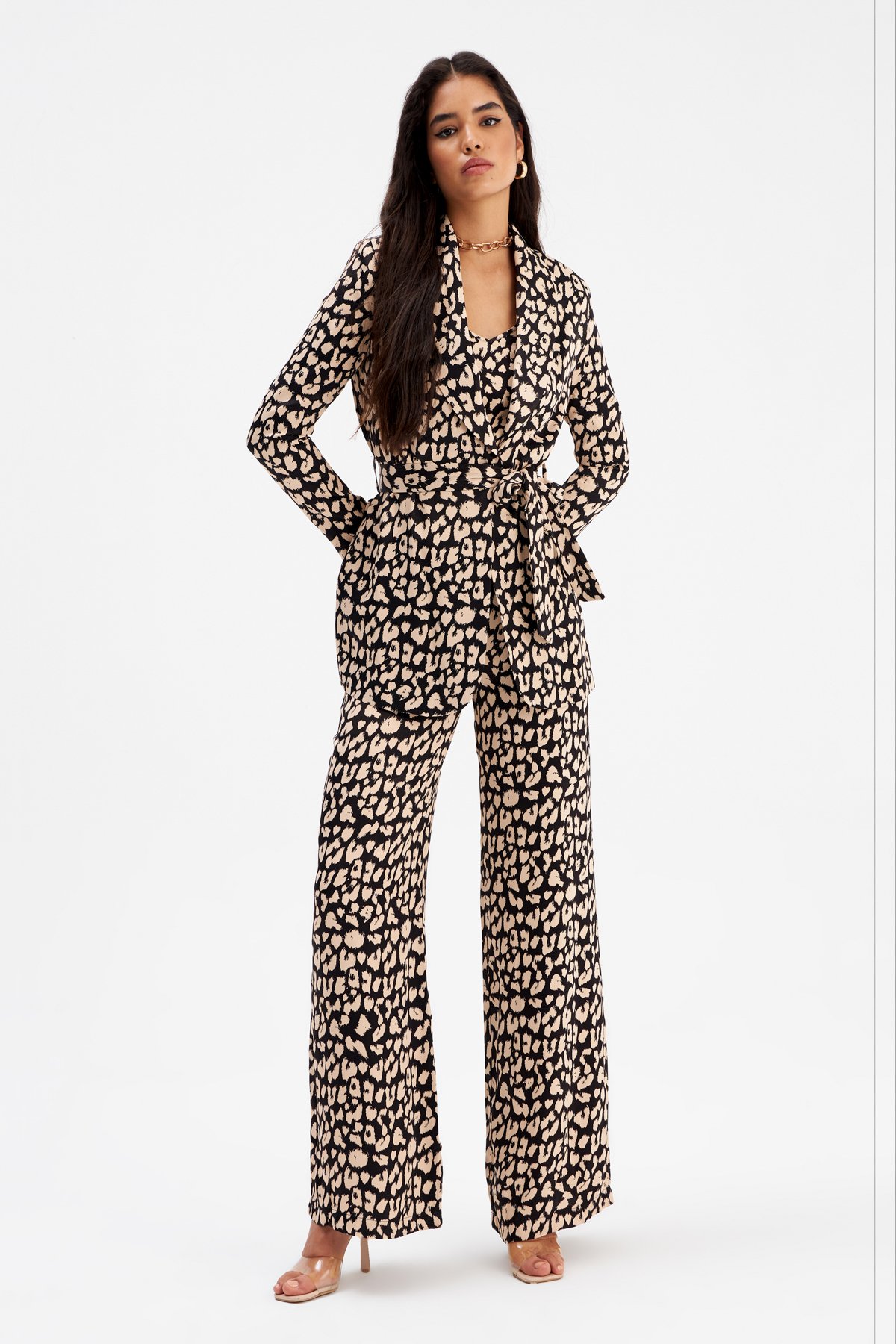 Geniş paça Leopar desenli saten pantolon - SİYAH
