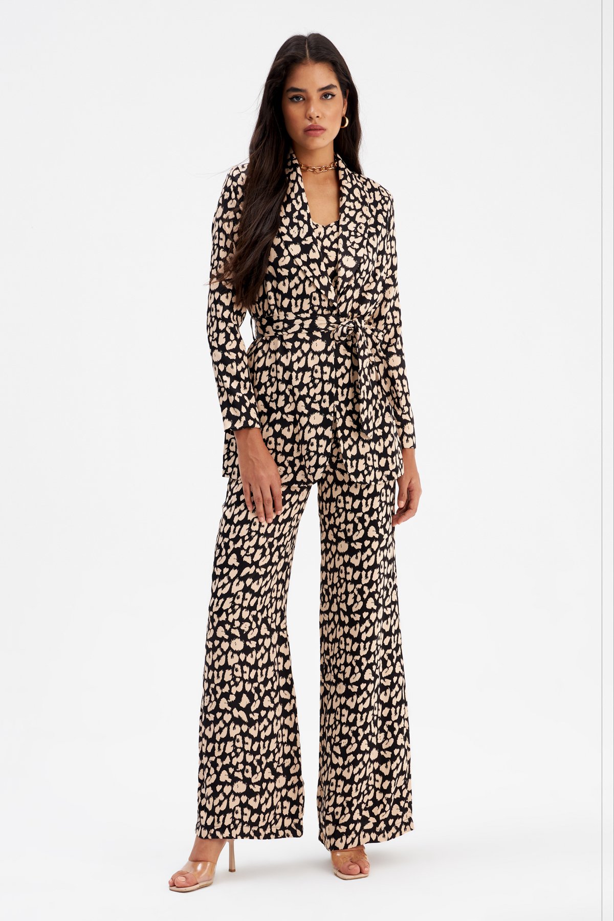 Geniş paça Leopar desenli saten pantolon - SİYAH