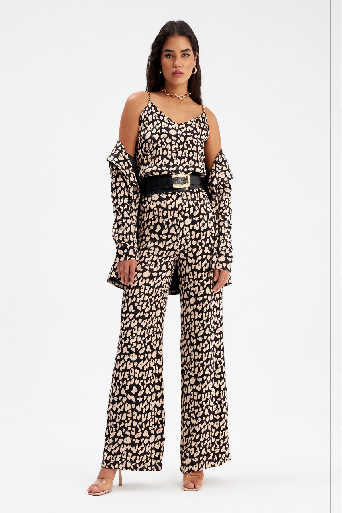 Geniş paça Leopar desenli saten pantolon - SİYAH