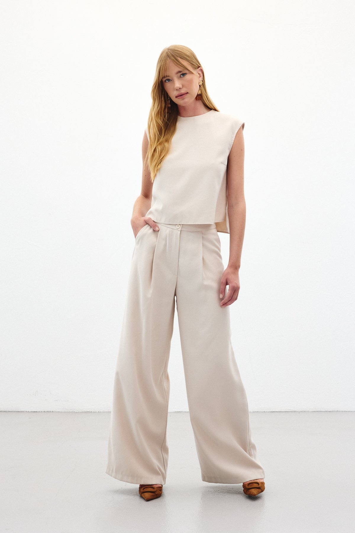 Geniş Paça Pantolon - Taş