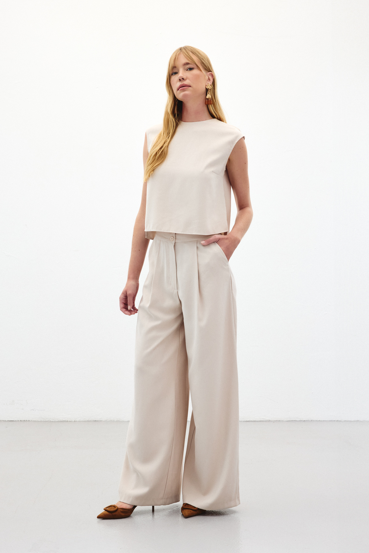 Geniş Paça Pantolon - Taş