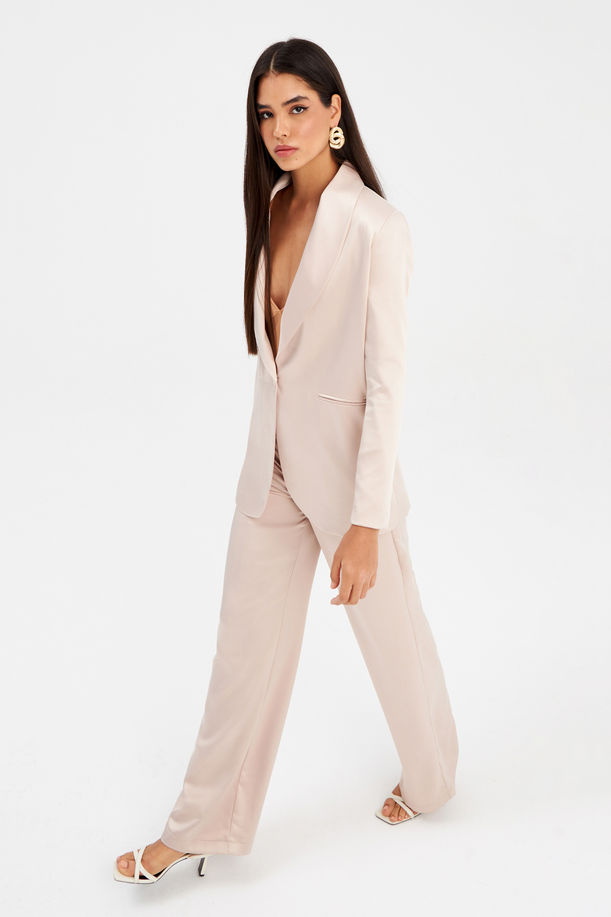 Wide Leg Satin Trousers - BEIGE