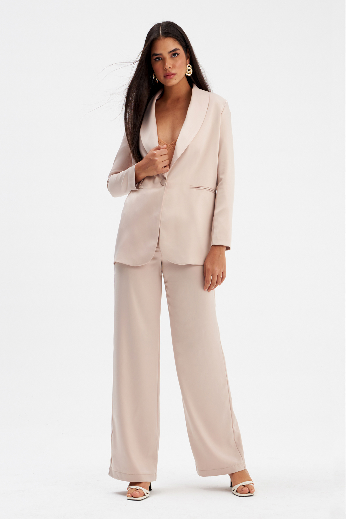 Wide Leg Satin Trousers - BEIGE