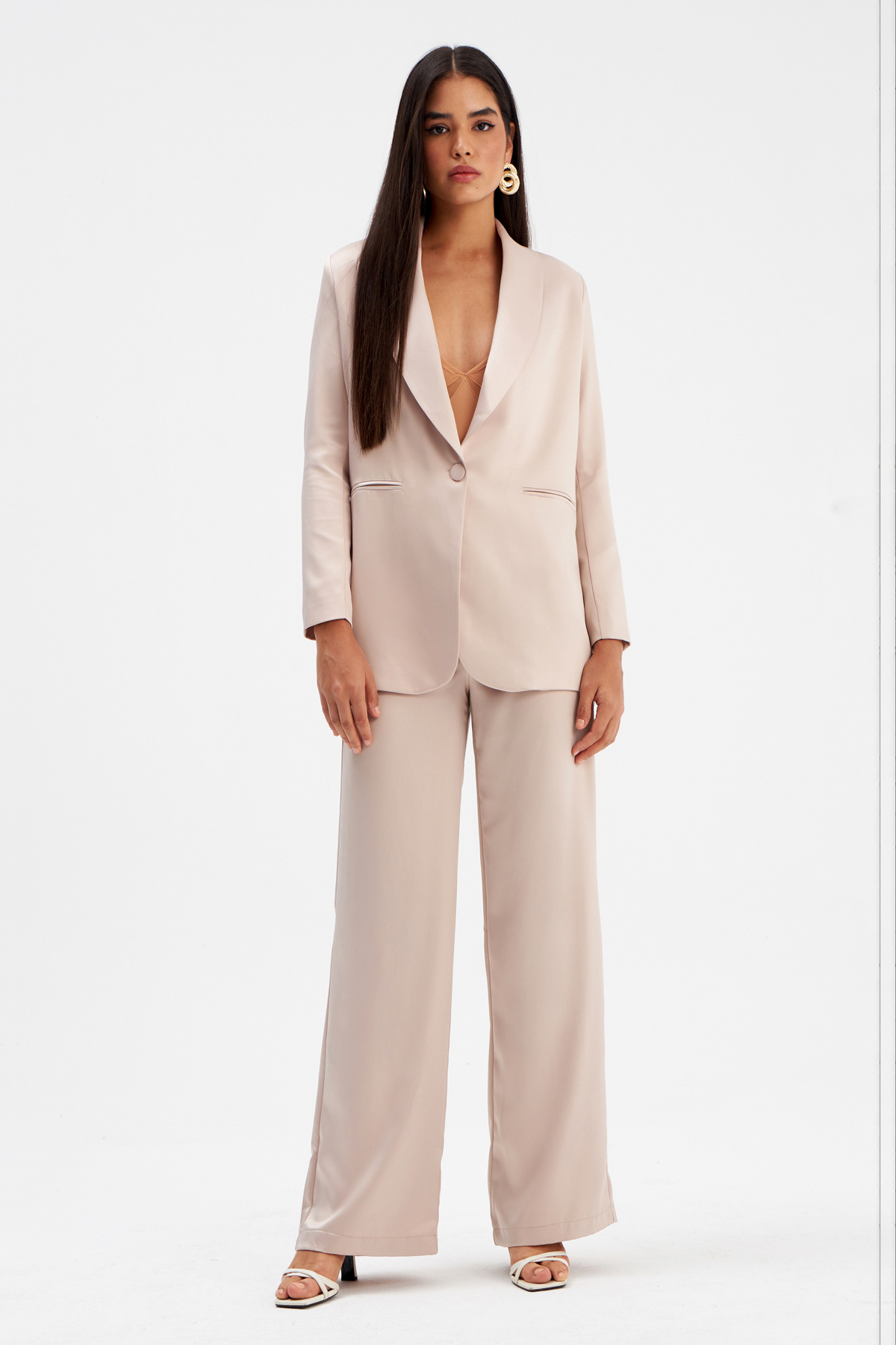 Wide Leg Satin Trousers - BEIGE