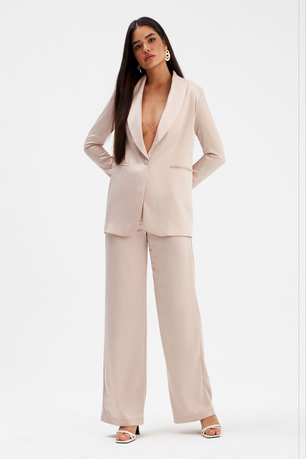 Wide Leg Satin Trousers - BEIGE