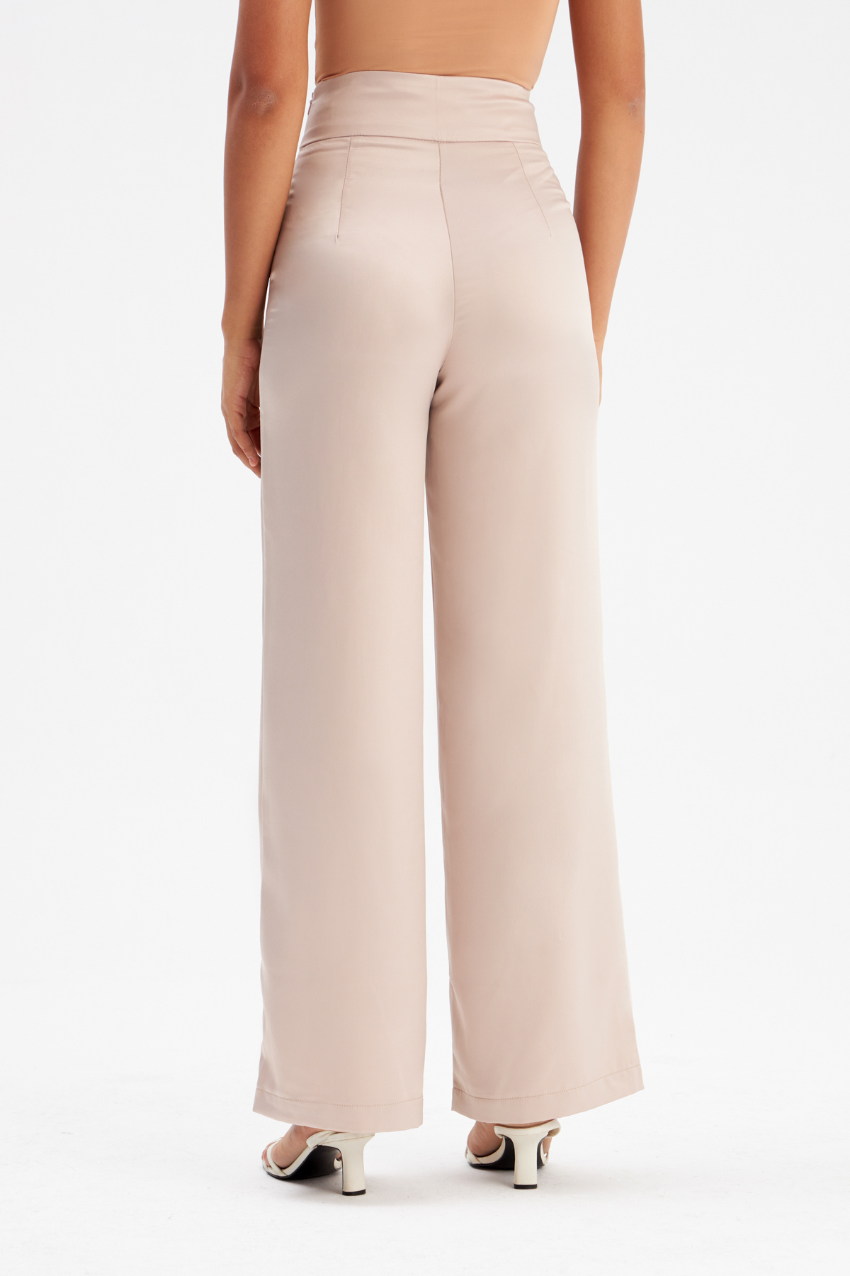 Wide Leg Satin Trousers - BEIGE