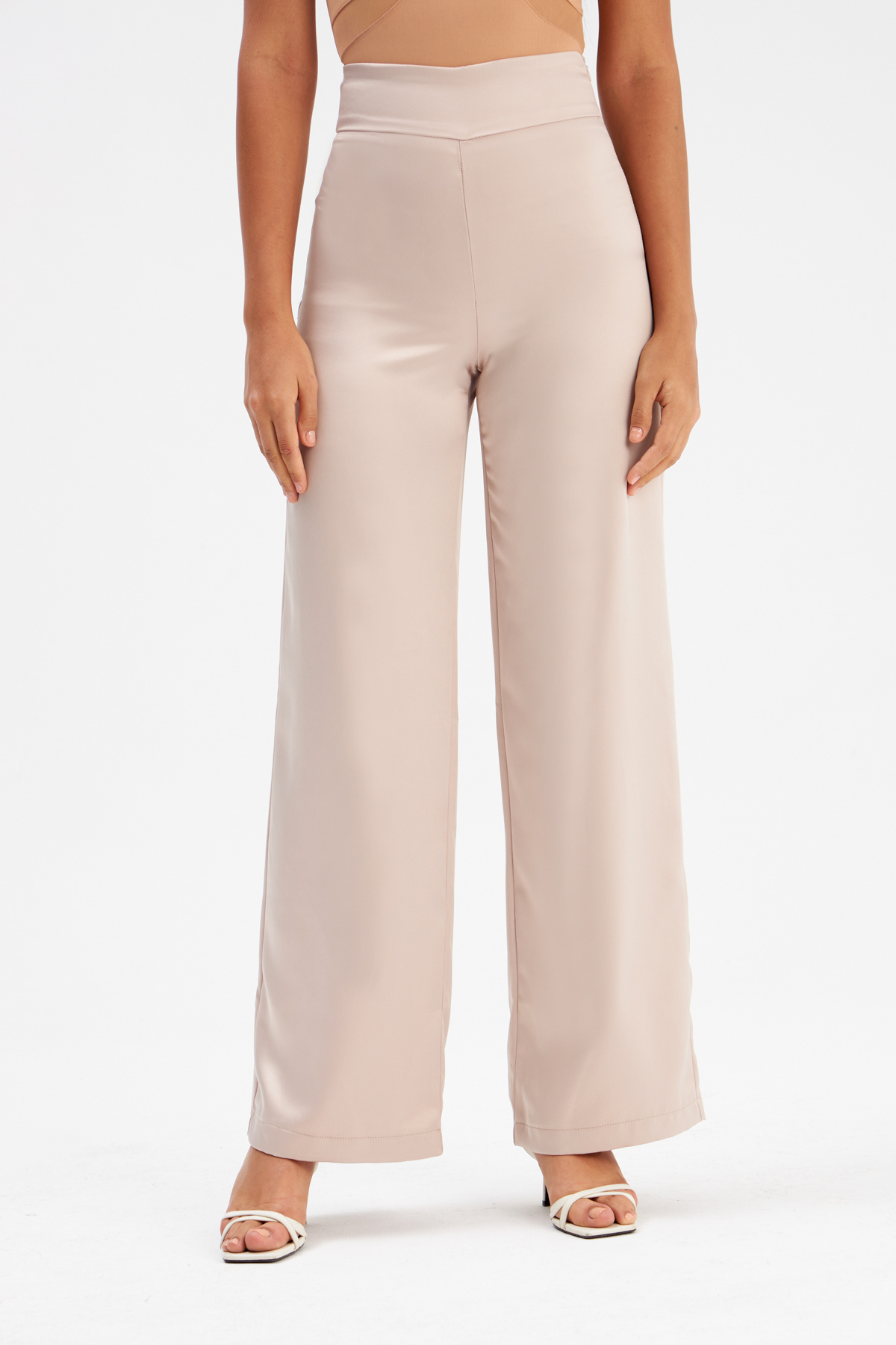 Wide Leg Satin Trousers - BEIGE
