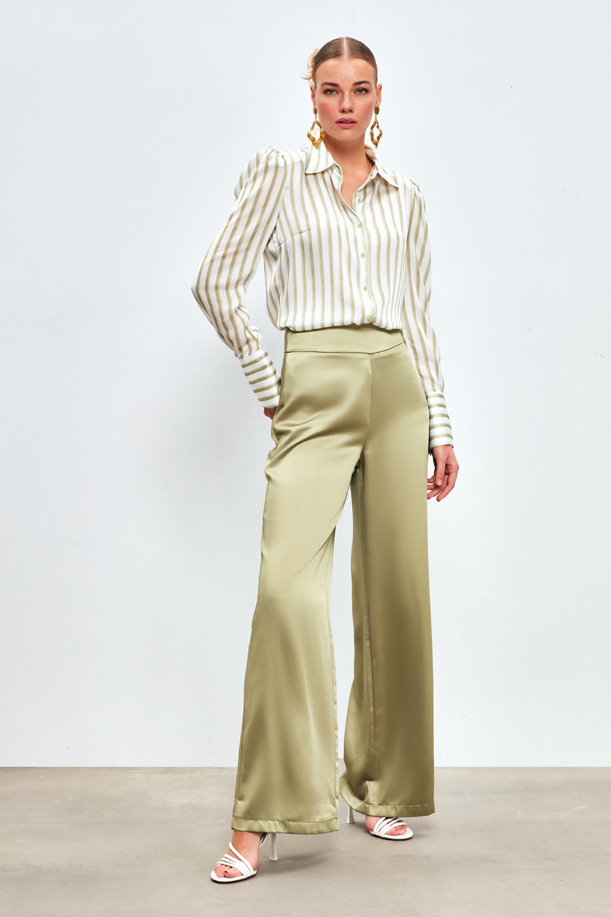 Wide Leg Satin Trousers - KKHAKI