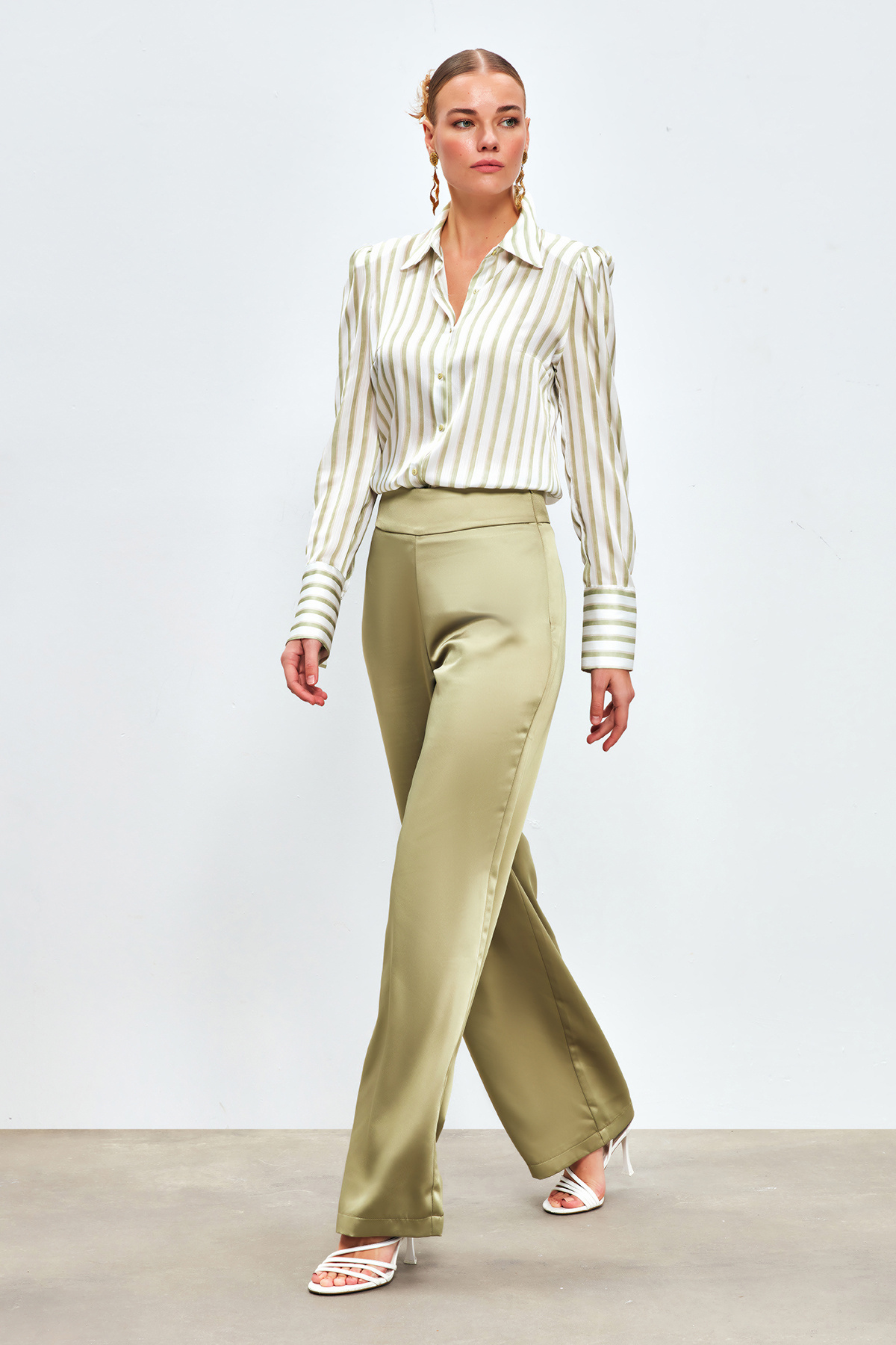 Wide Leg Satin Trousers - KKHAKI