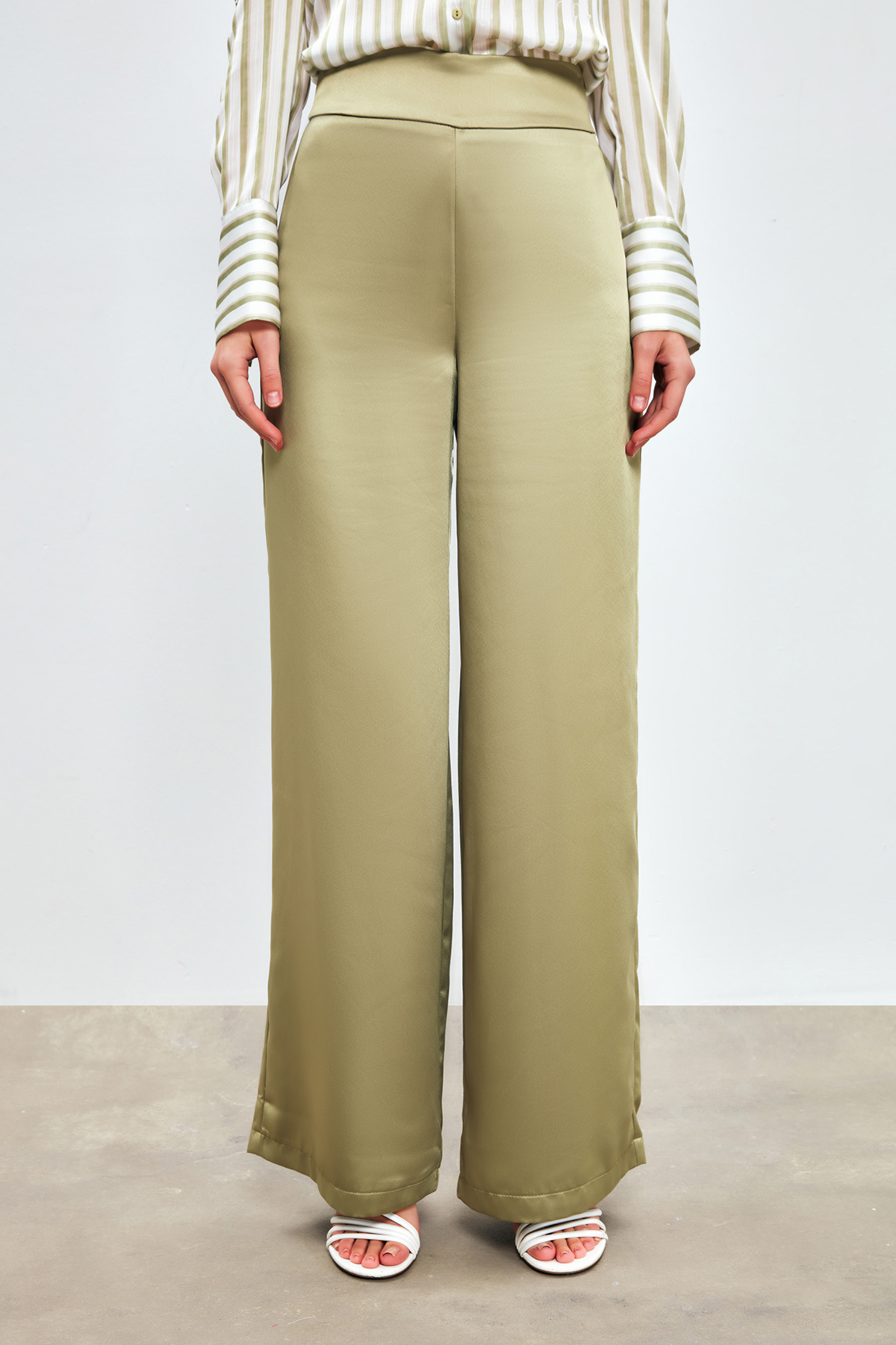 Wide Leg Satin Trousers - KKHAKI
