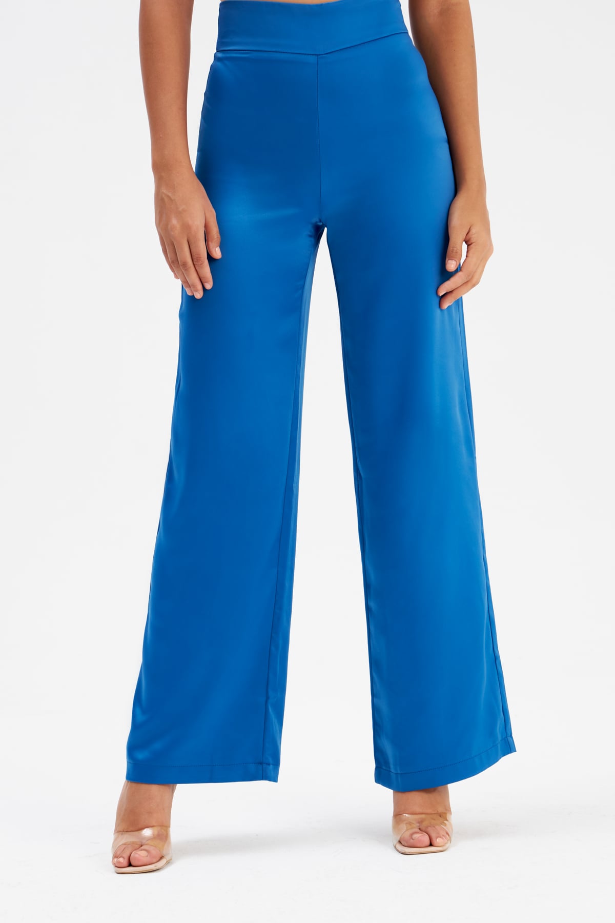 Wide Leg Satin Trousers - SAX BLUE