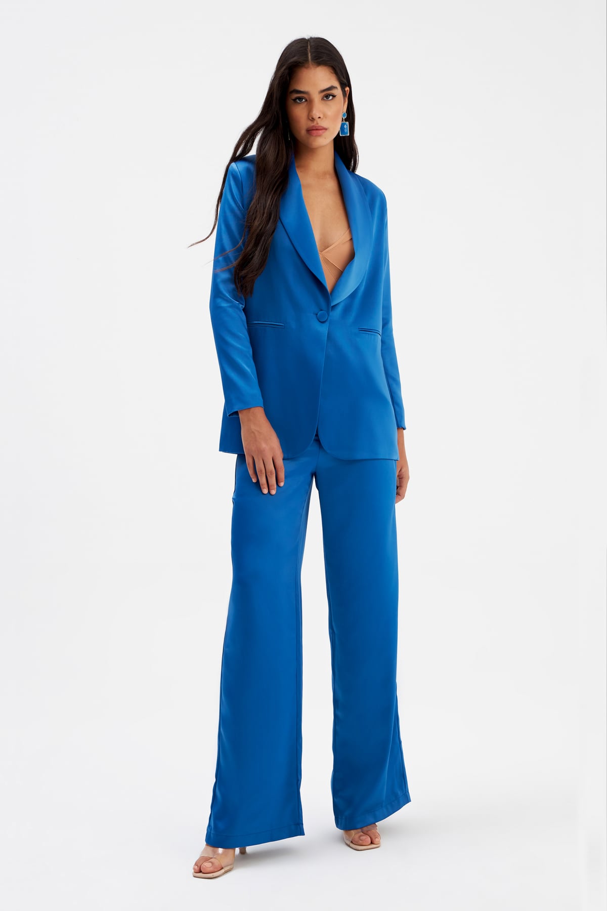 Wide Leg Satin Trousers - SAX BLUE
