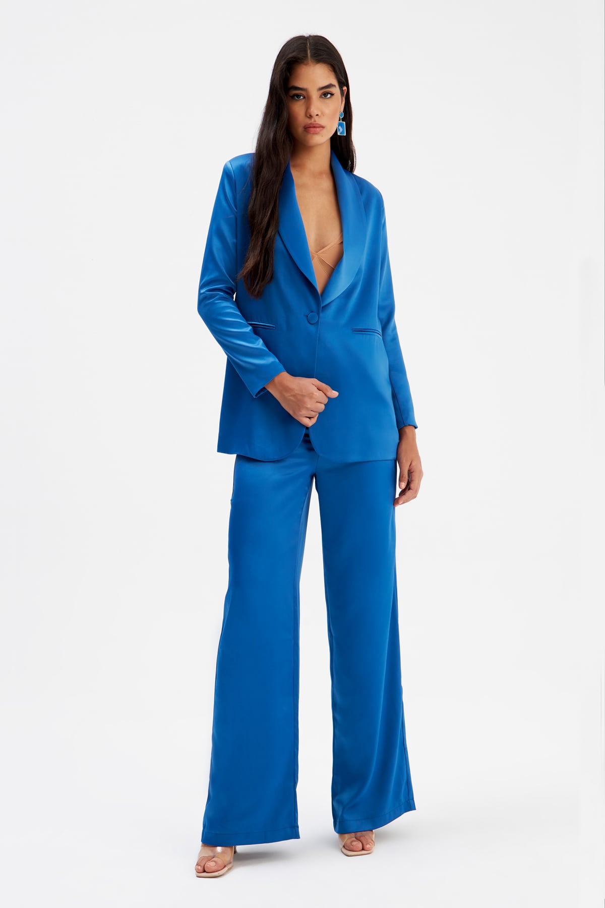 Wide Leg Satin Trousers - SAX BLUE