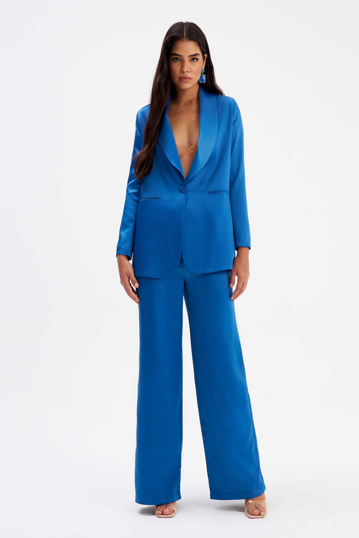 Wide Leg Satin Trousers - SAX BLUE