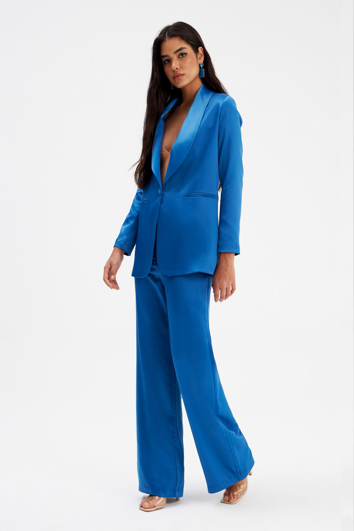 Wide Leg Satin Trousers - SAX BLUE