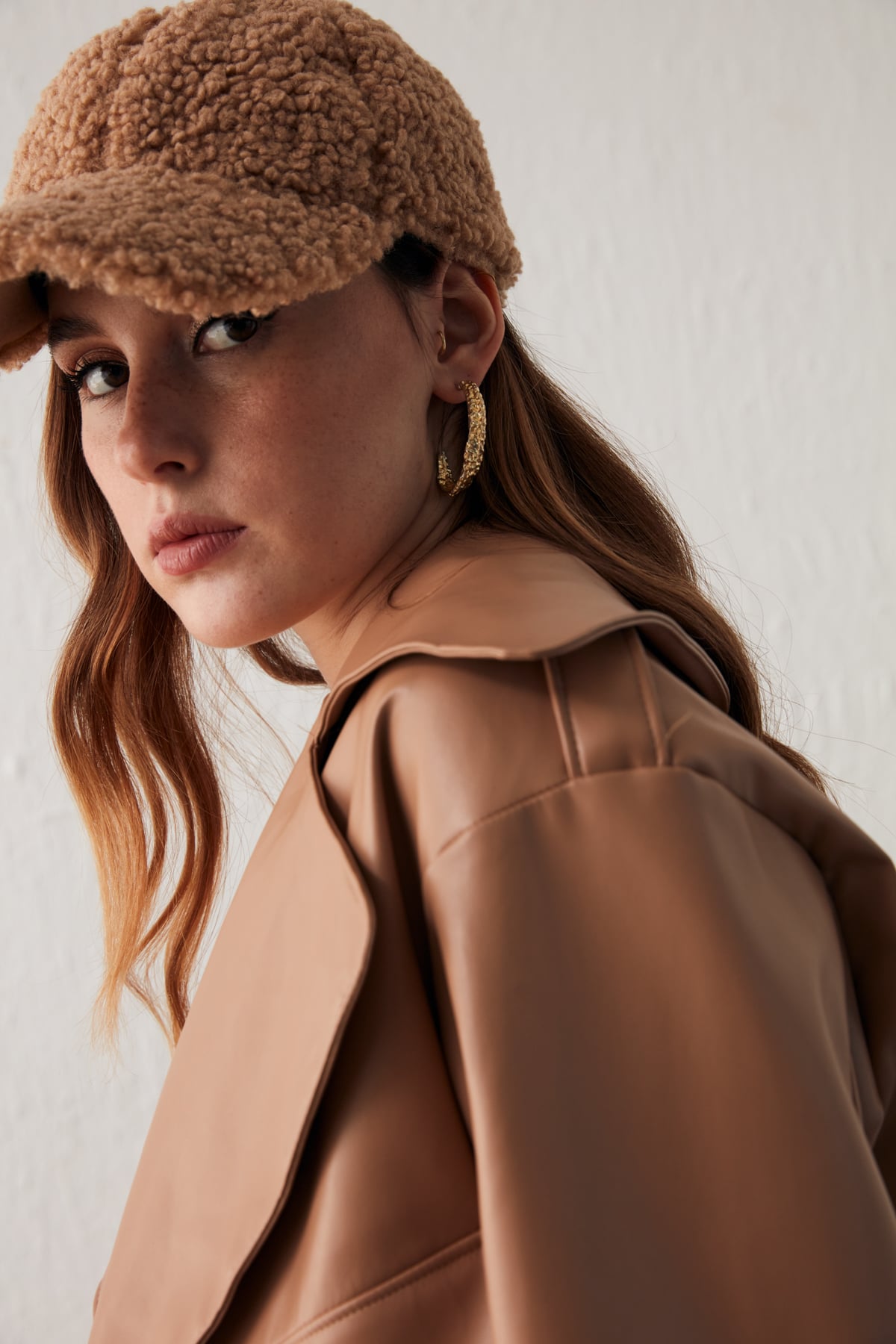 Wide Collar Leather Jacket - CAMEL