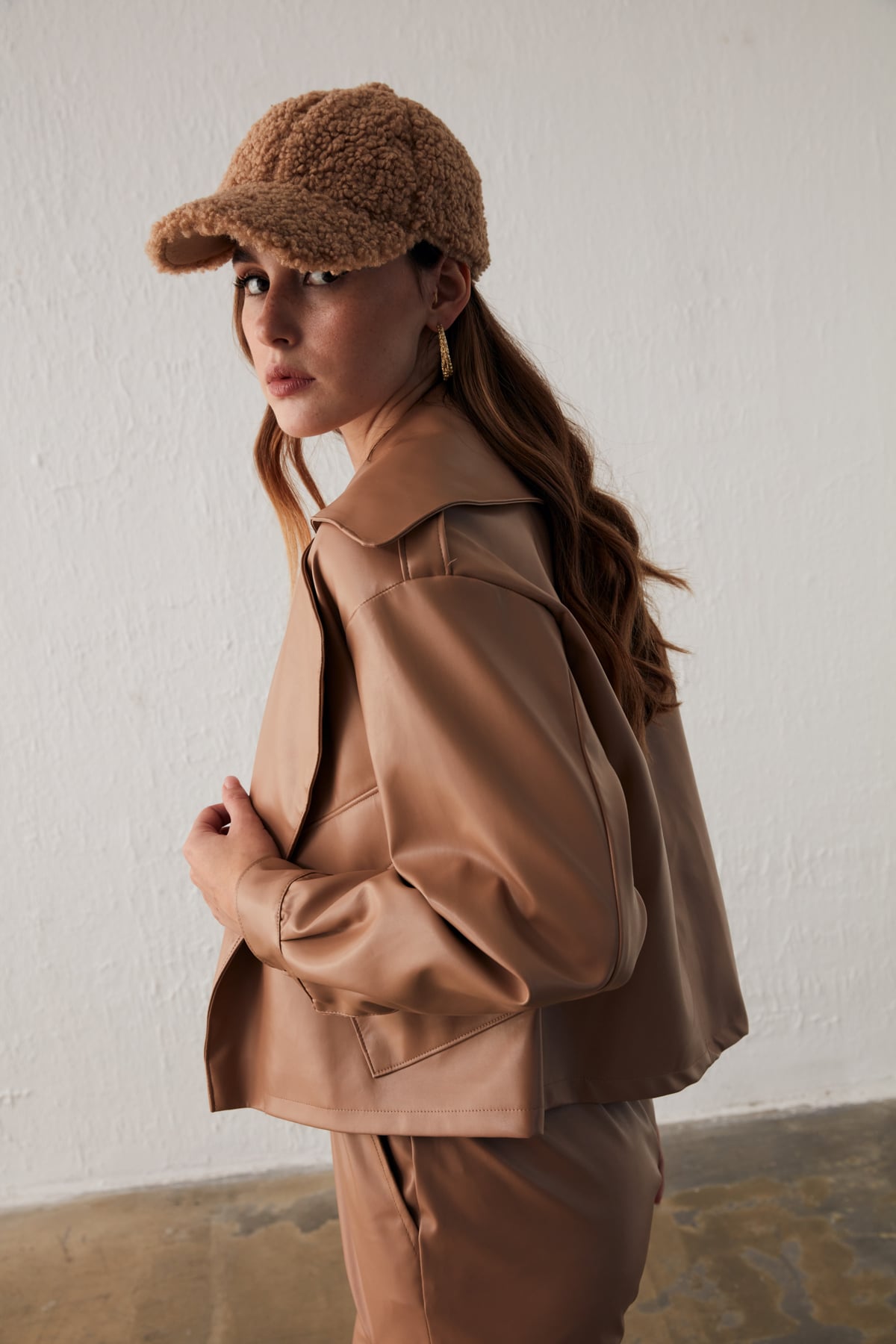 Wide Collar Leather Jacket - CAMEL