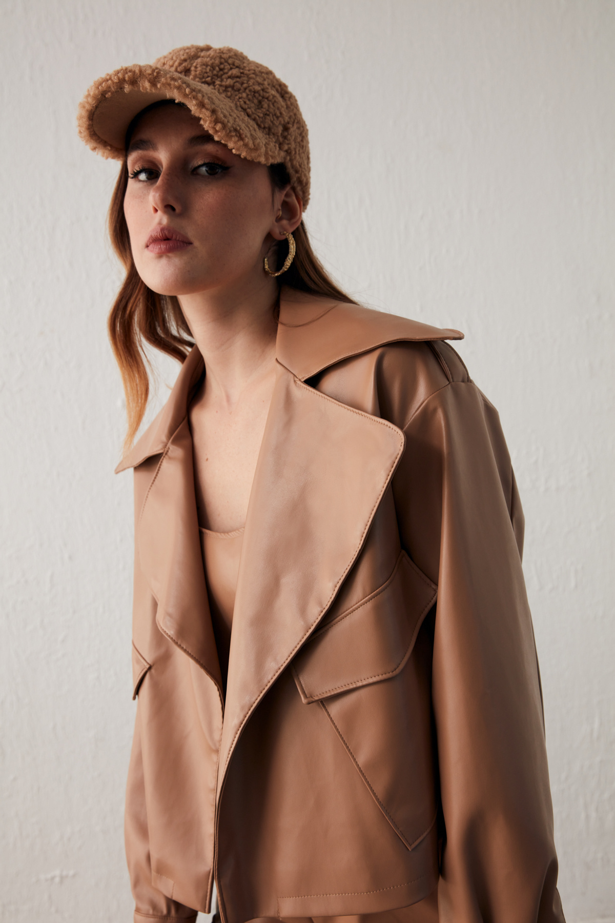 Wide Collar Leather Jacket - CAMEL