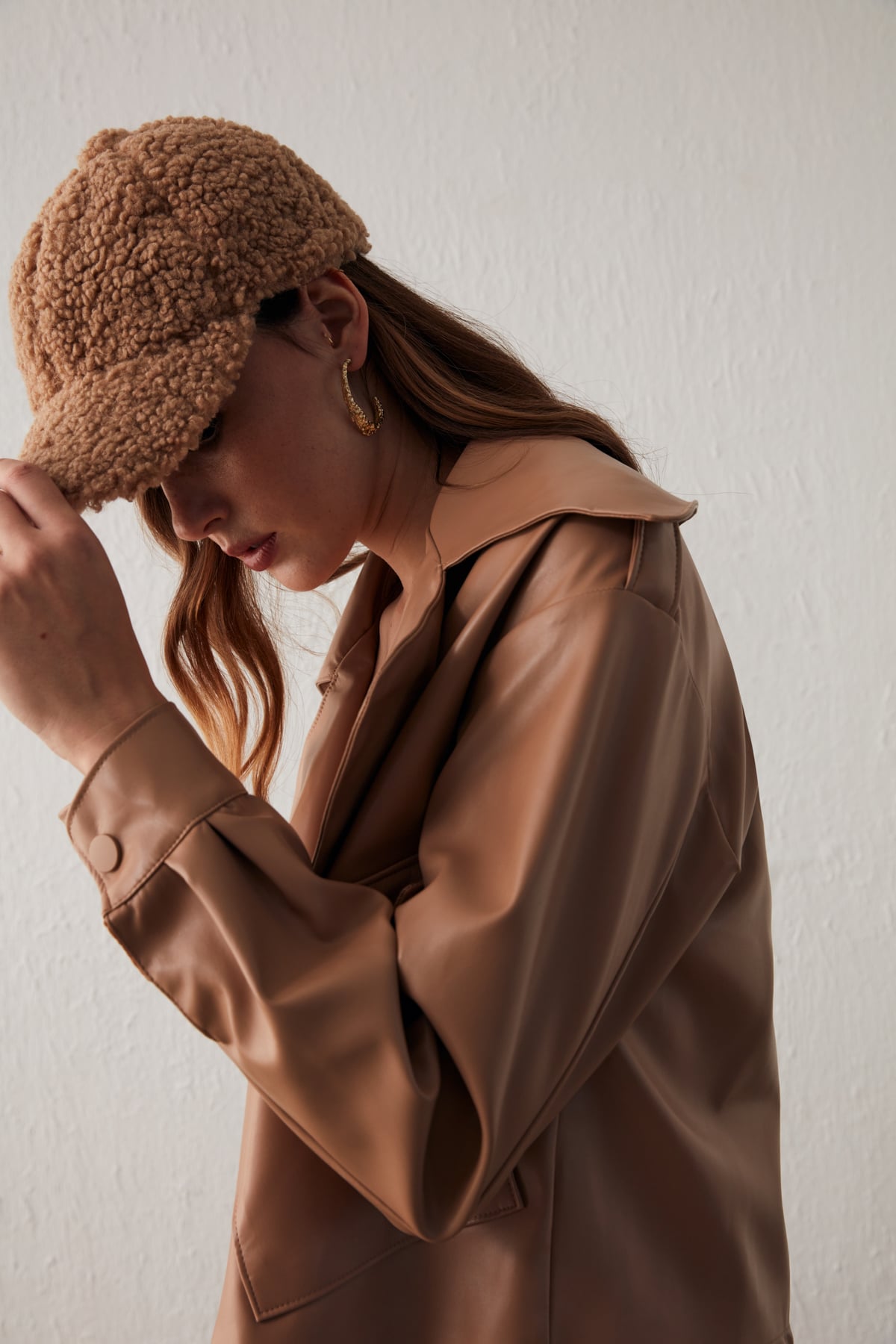 Wide Collar Leather Jacket - CAMEL