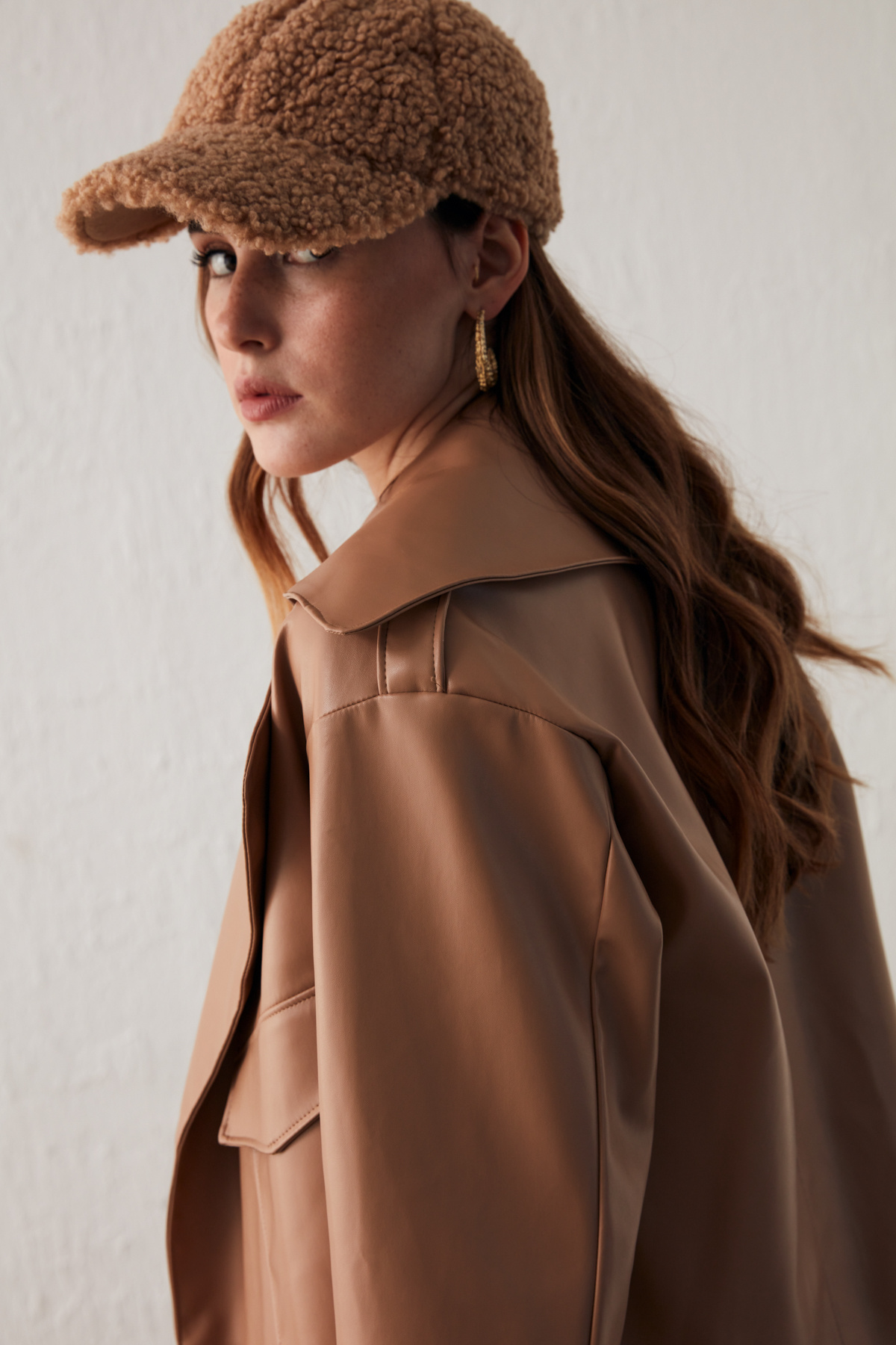 Wide Collar Leather Jacket - CAMEL