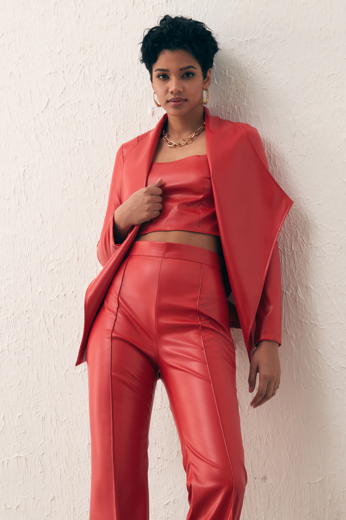 Wide Collar Leather Jacket - RED