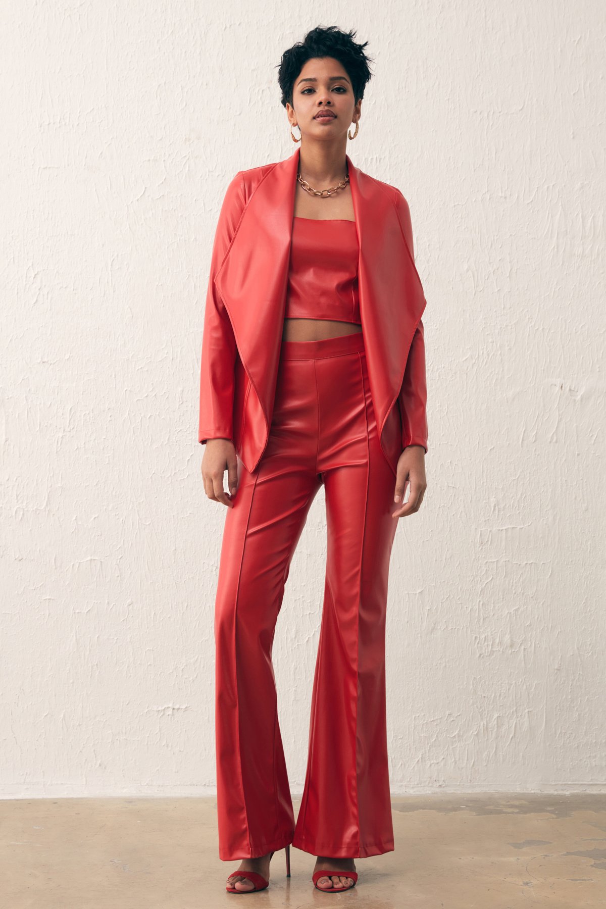 Wide Collar Leather Jacket - RED
