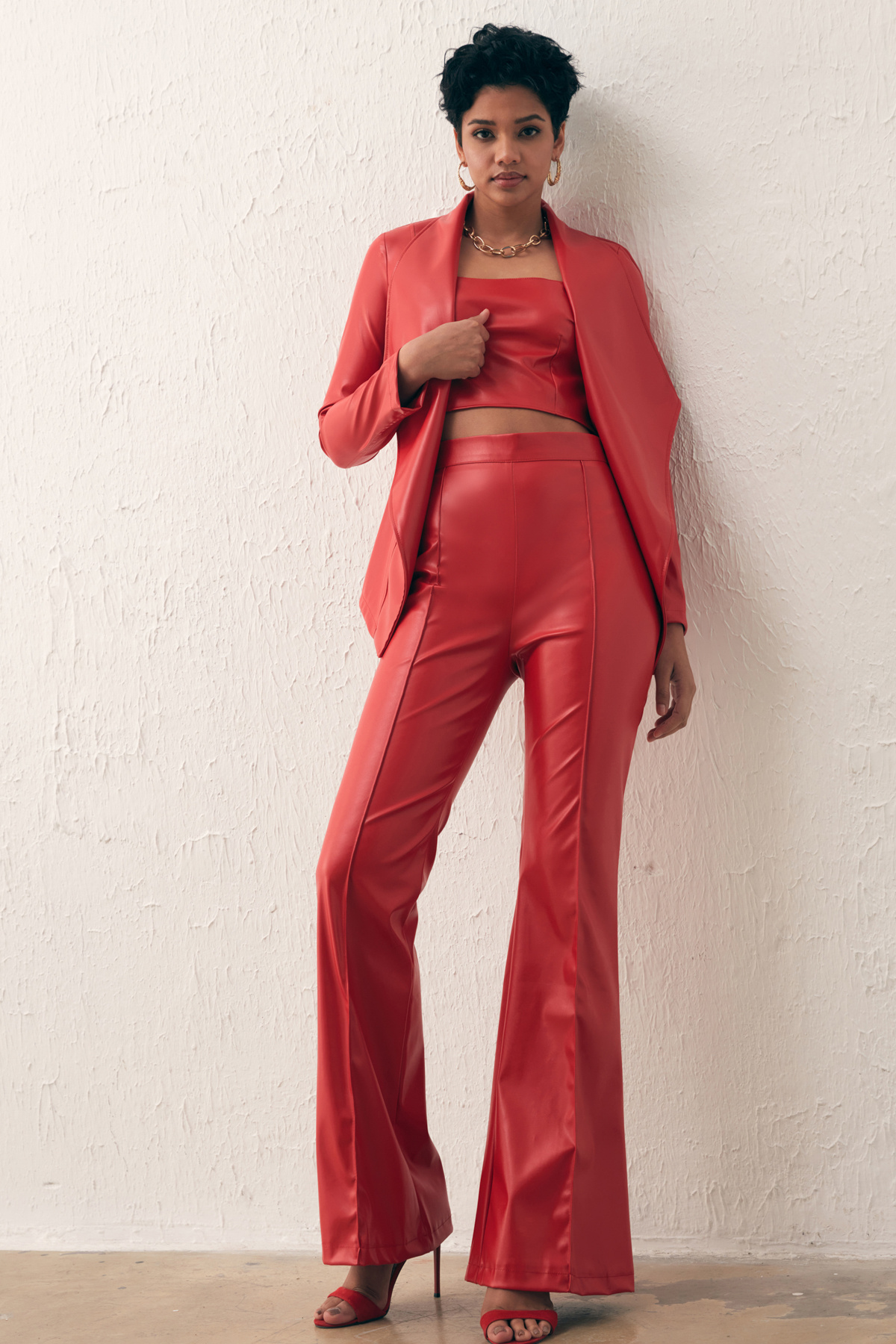 Wide Collar Leather Jacket - RED