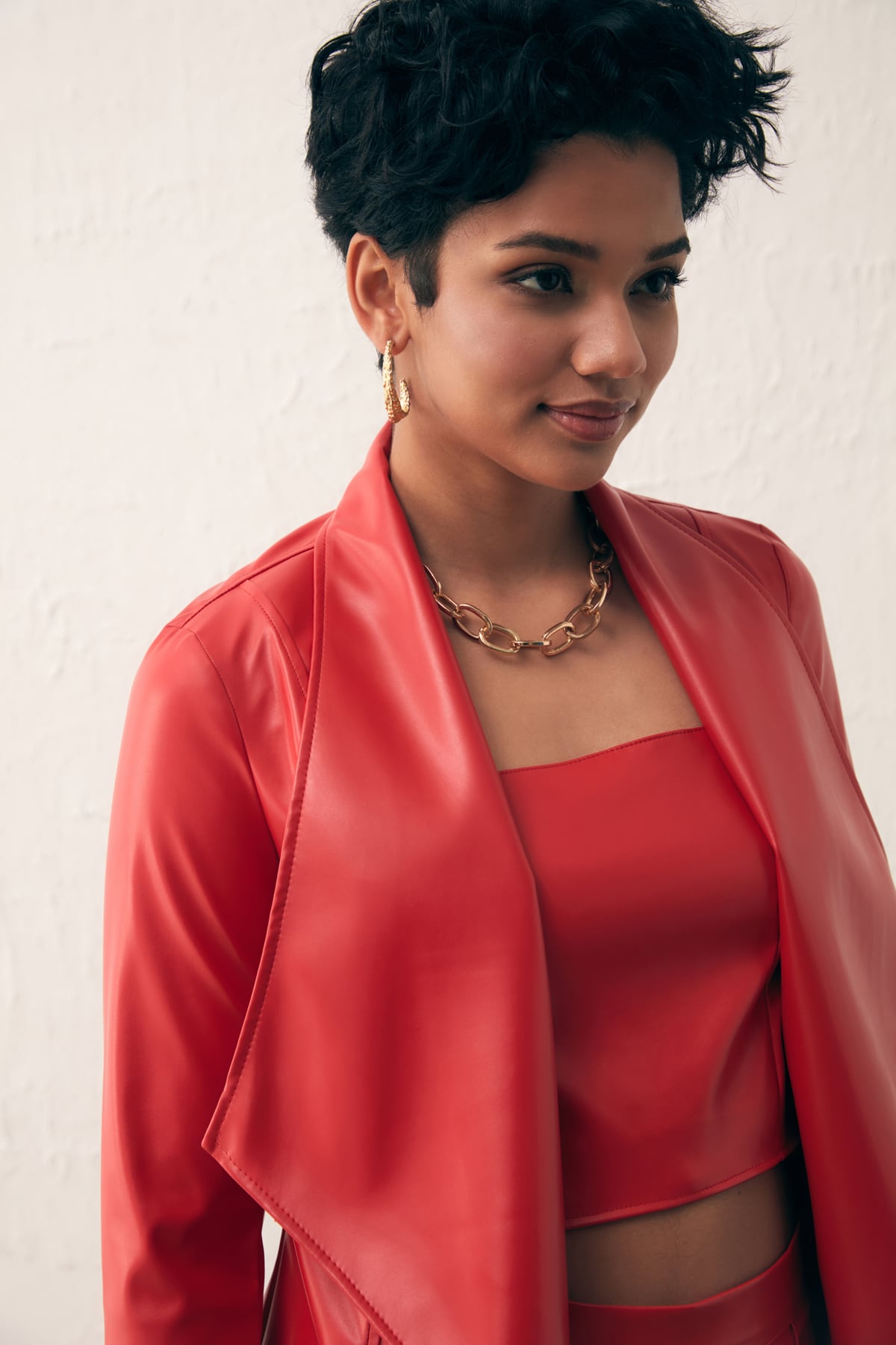 Wide Collar Leather Jacket - RED