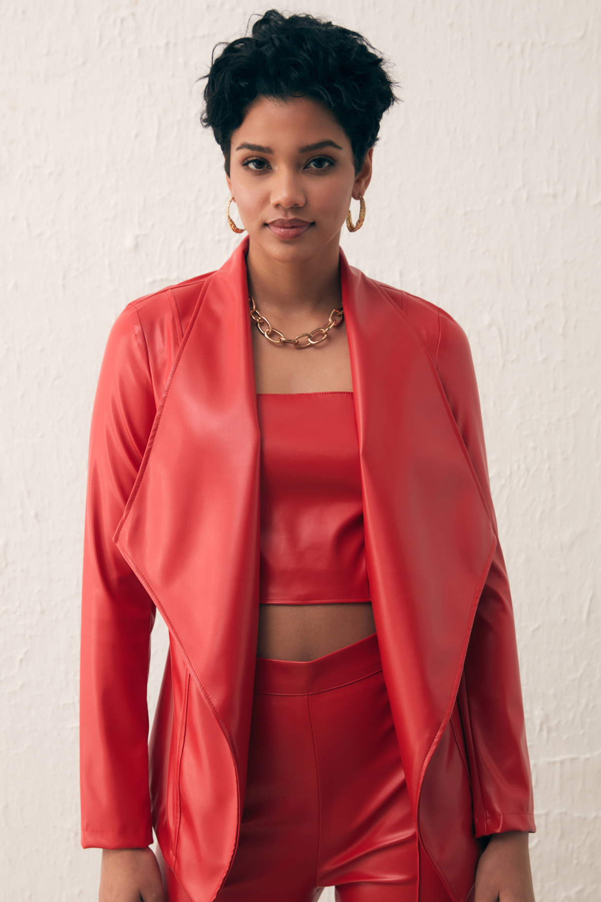 Wide Collar Leather Jacket - RED