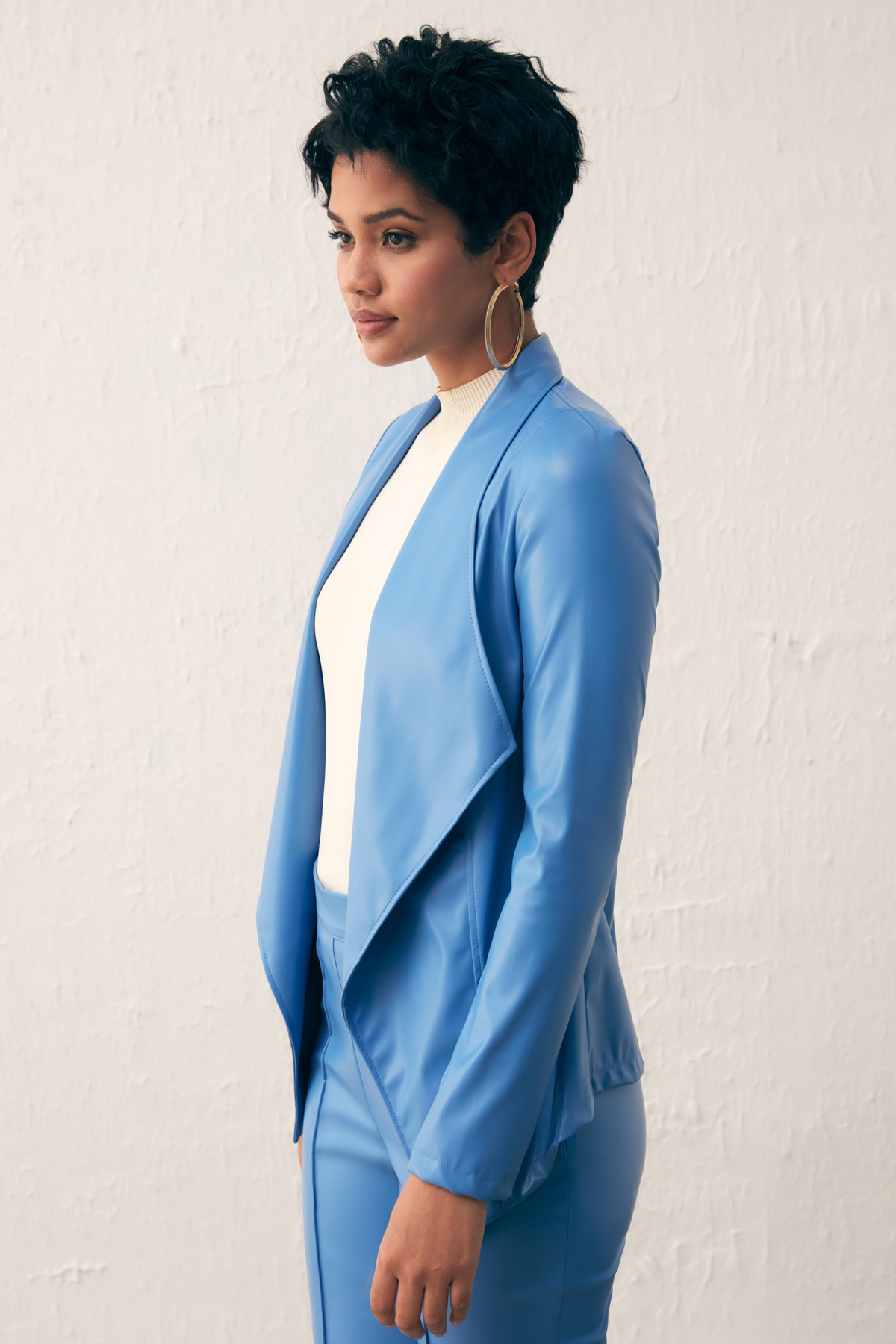 Wide Collar Leather Jacket - BLUES