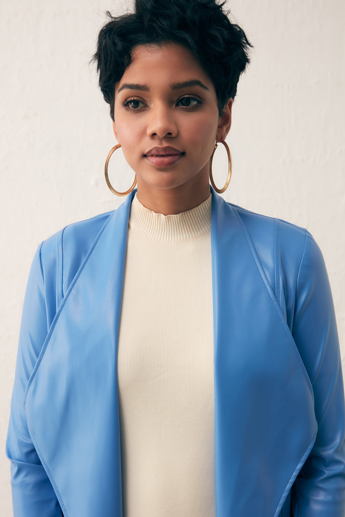 Wide Collar Leather Jacket - BLUES