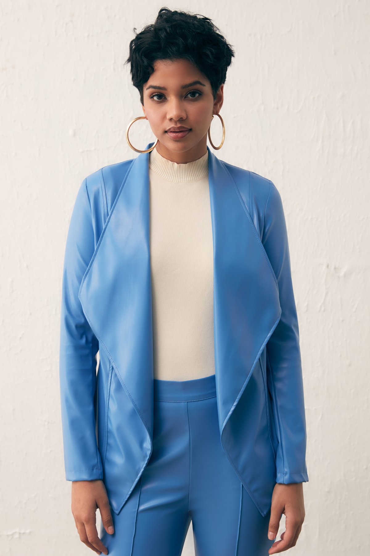 Geniş Yaka Deri Ceket - MAVİ