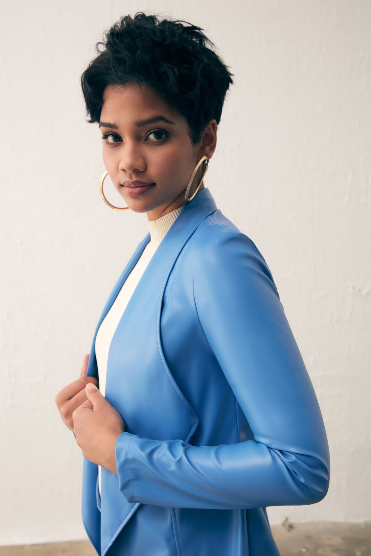 Wide Collar Leather Jacket - BLUES