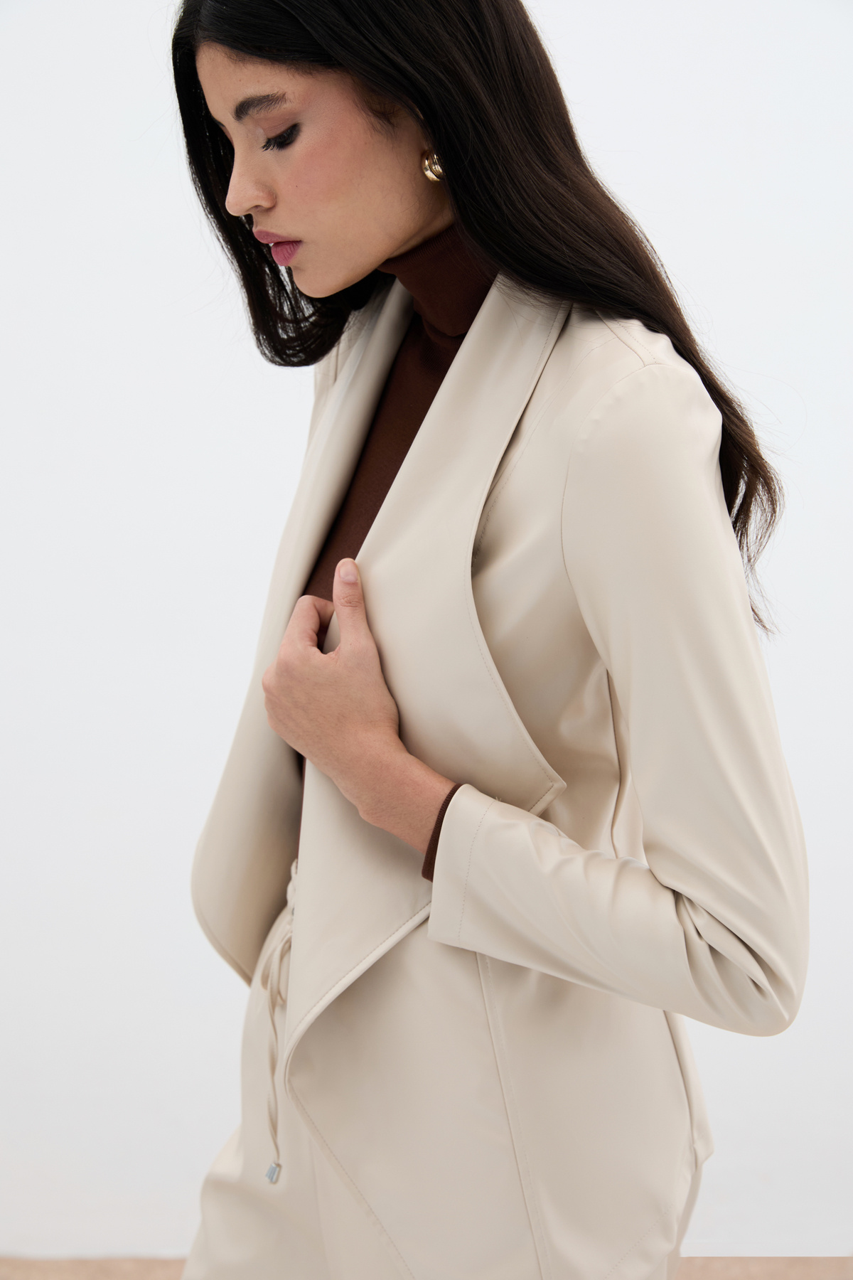 Geniş Yaka Deri Ceket - Taş