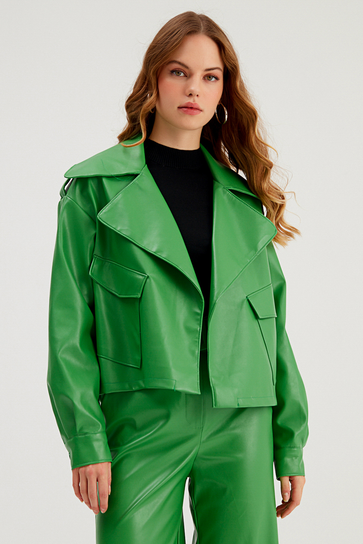Wide Collar Leather Jacket - GREEN
