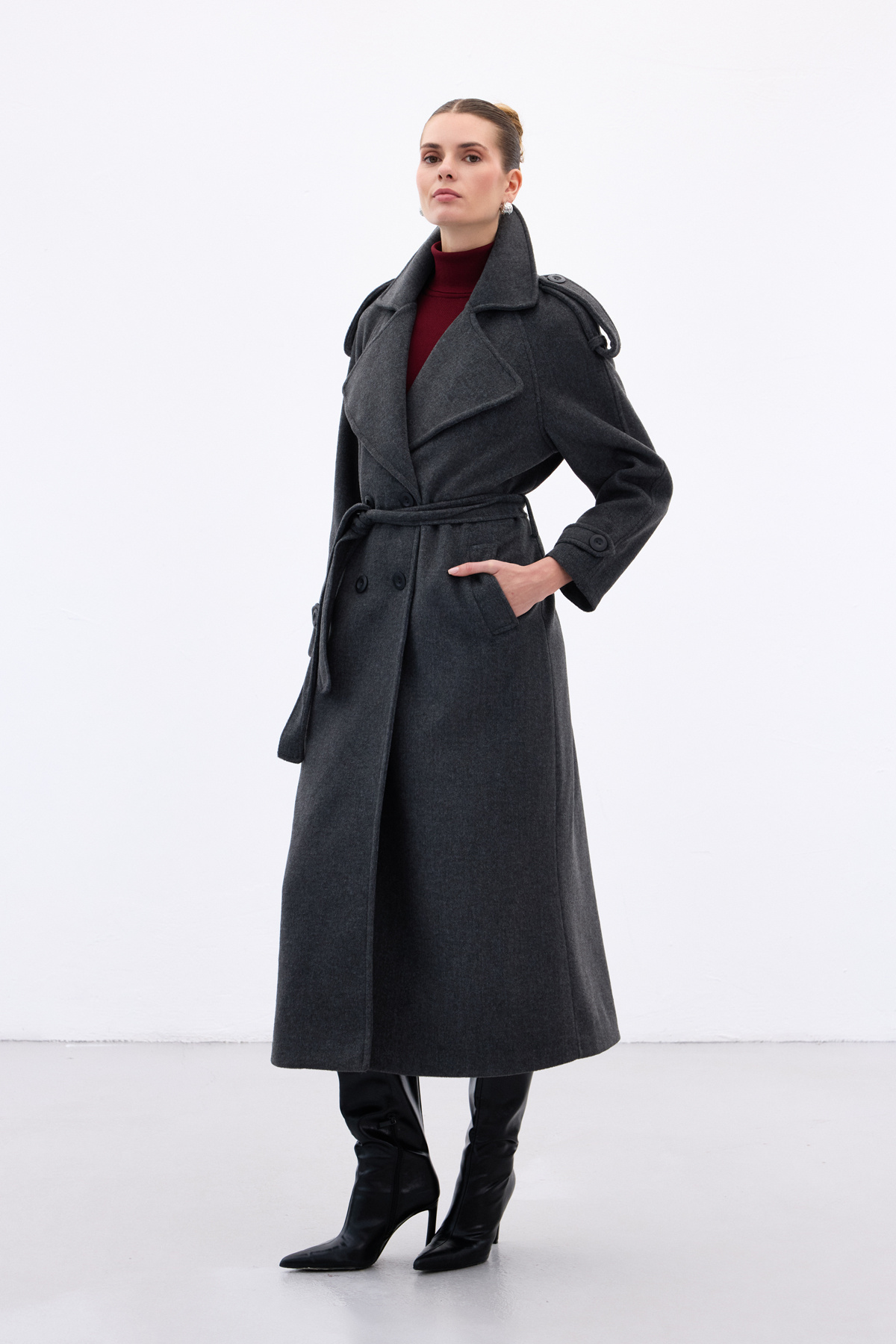 Geniş Yaka Uzun Kaban - Antrasit