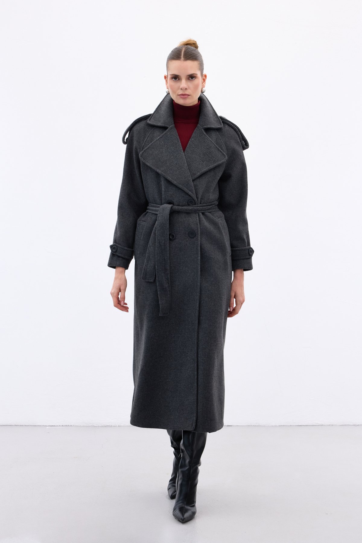 Geniş Yaka Uzun Kaban - Antrasit