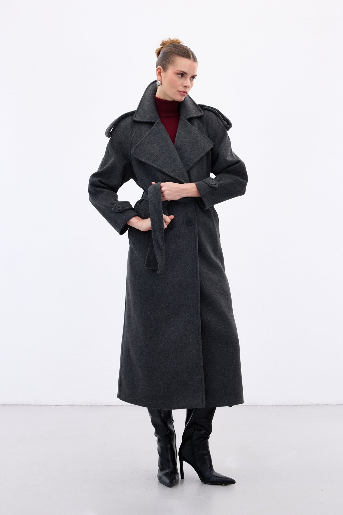 Geniş Yaka Uzun Kaban - Antrasit