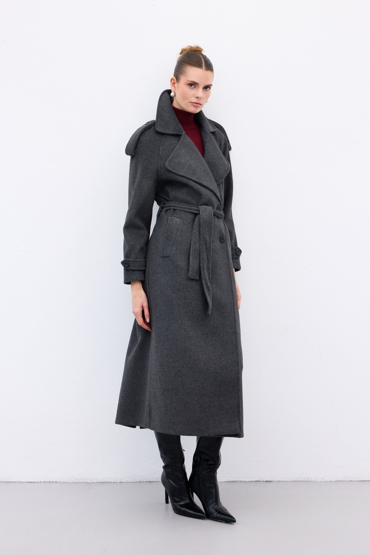 Geniş Yaka Uzun Kaban - Antrasit