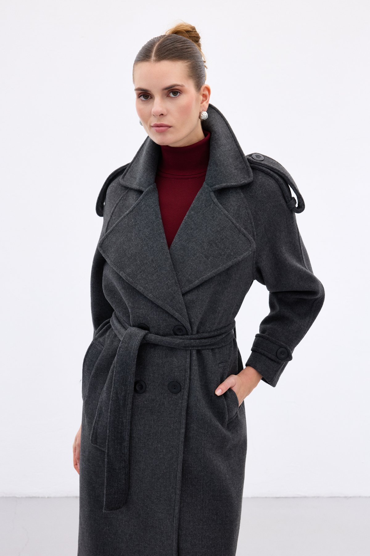 Geniş Yaka Uzun Kaban - Antrasit