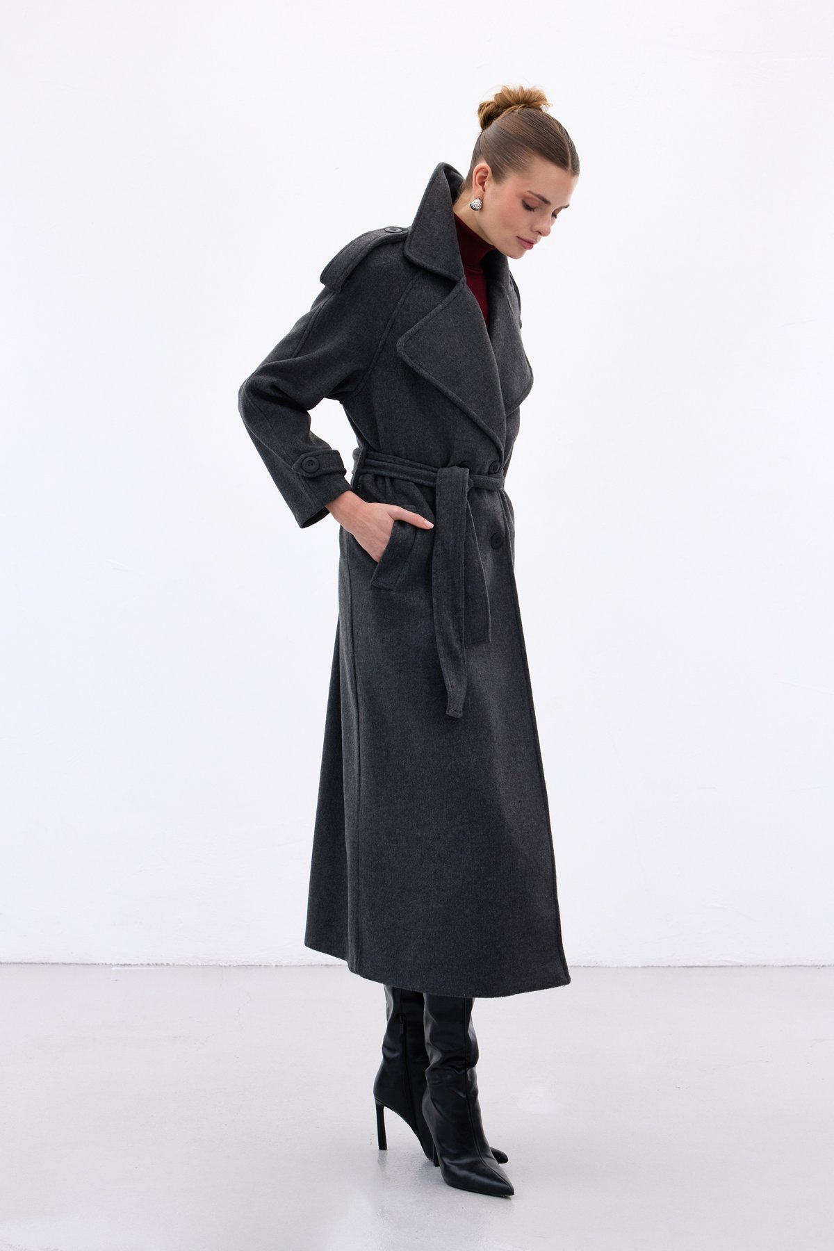 Geniş Yaka Uzun Kaban - Antrasit