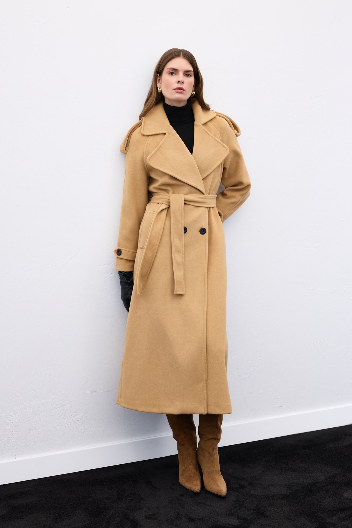 Geniş Yaka Uzun Kaban - Camel