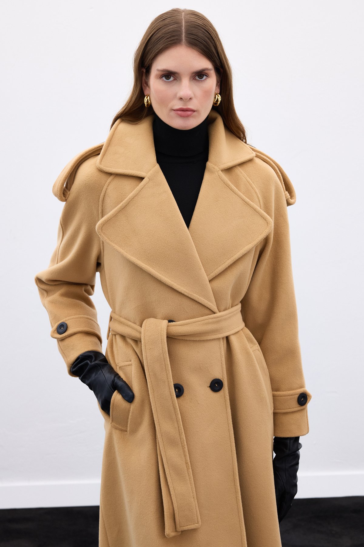 Geniş Yaka Uzun Kaban - Camel