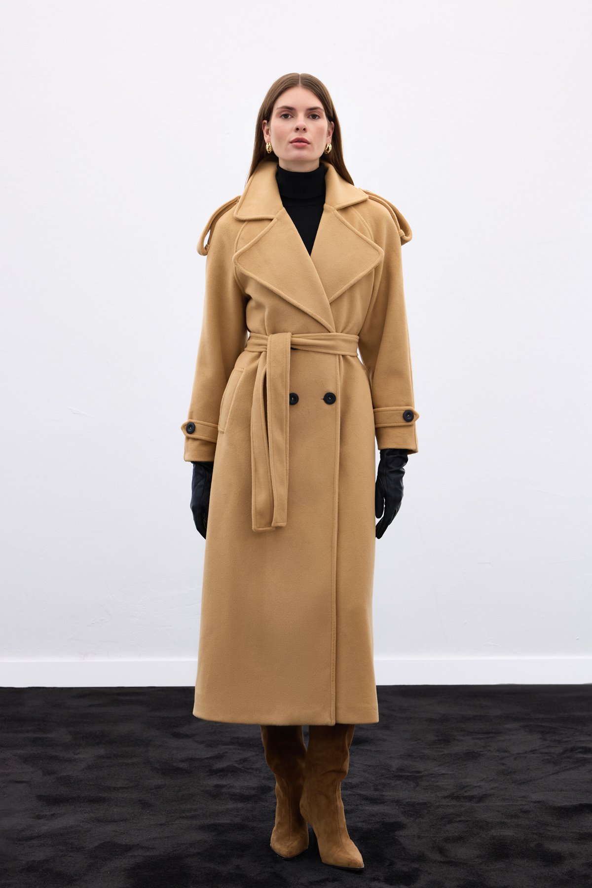 Geniş Yaka Uzun Kaban - Camel