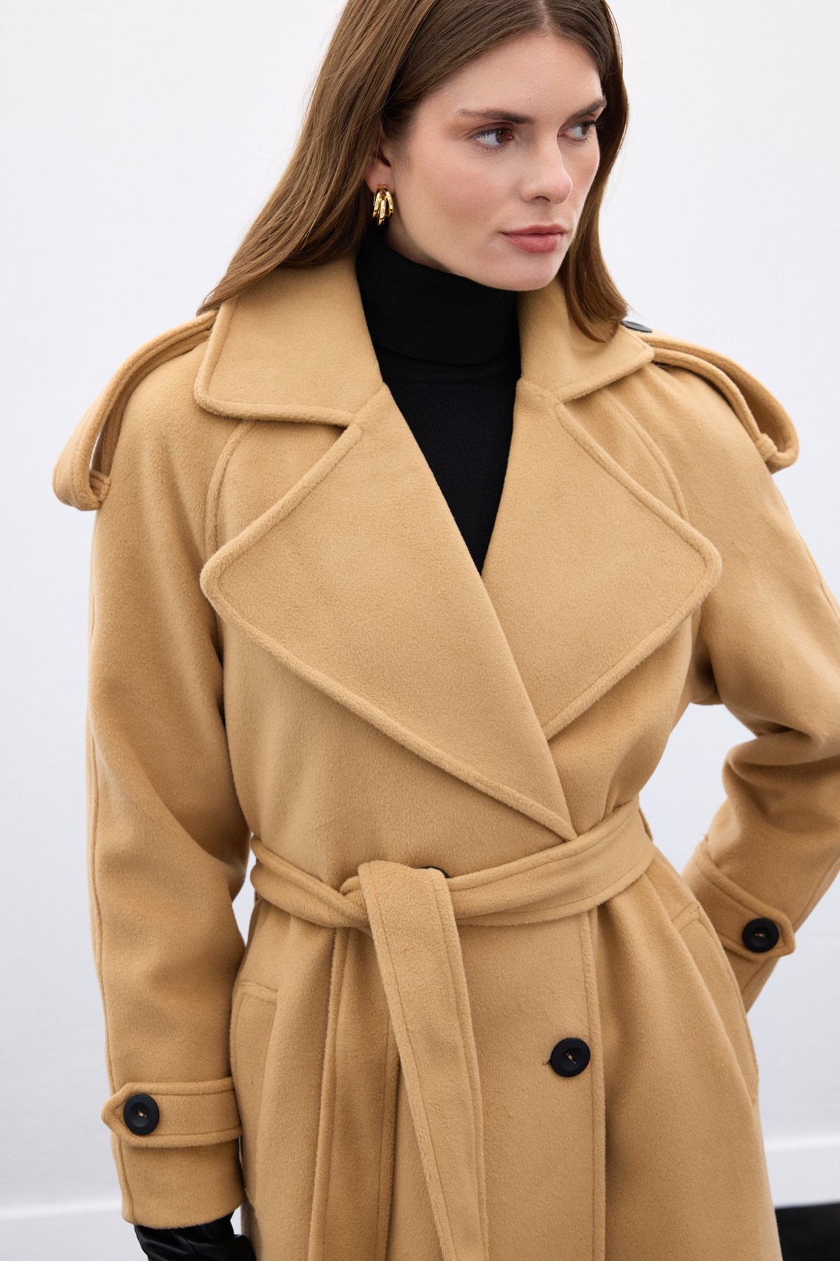 Geniş Yaka Uzun Kaban - Camel