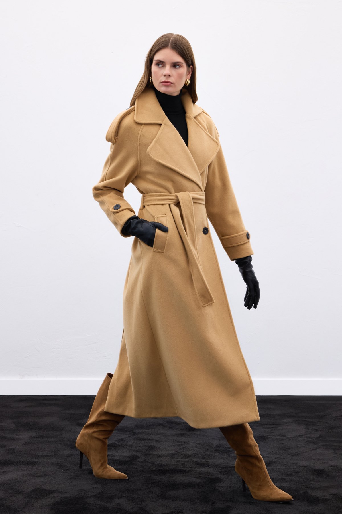 Geniş Yaka Uzun Kaban - Camel